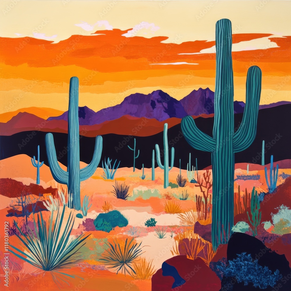 Aufkleber A scenic view of a desert with multiple cactus trees, ideal for use in travel or nature-related projects