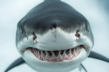 Naklejka premium A close-up view of a shark's mouth open, showcasing its sharp teeth and powerful jaws