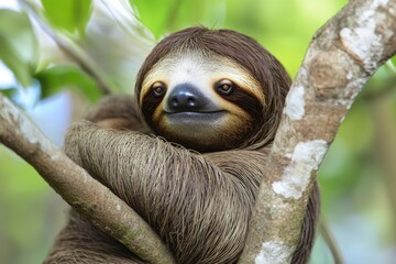 Naklejka premium A close-up view of a sloth hanging from a tree branch, with its claws and fur visible