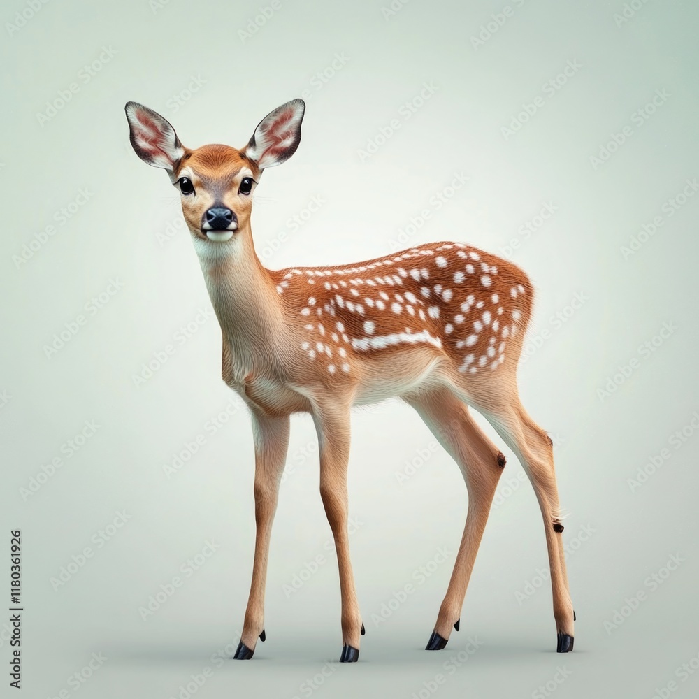 Poster a small deer stands on a white surface, perhaps in a studio or laboratory setting