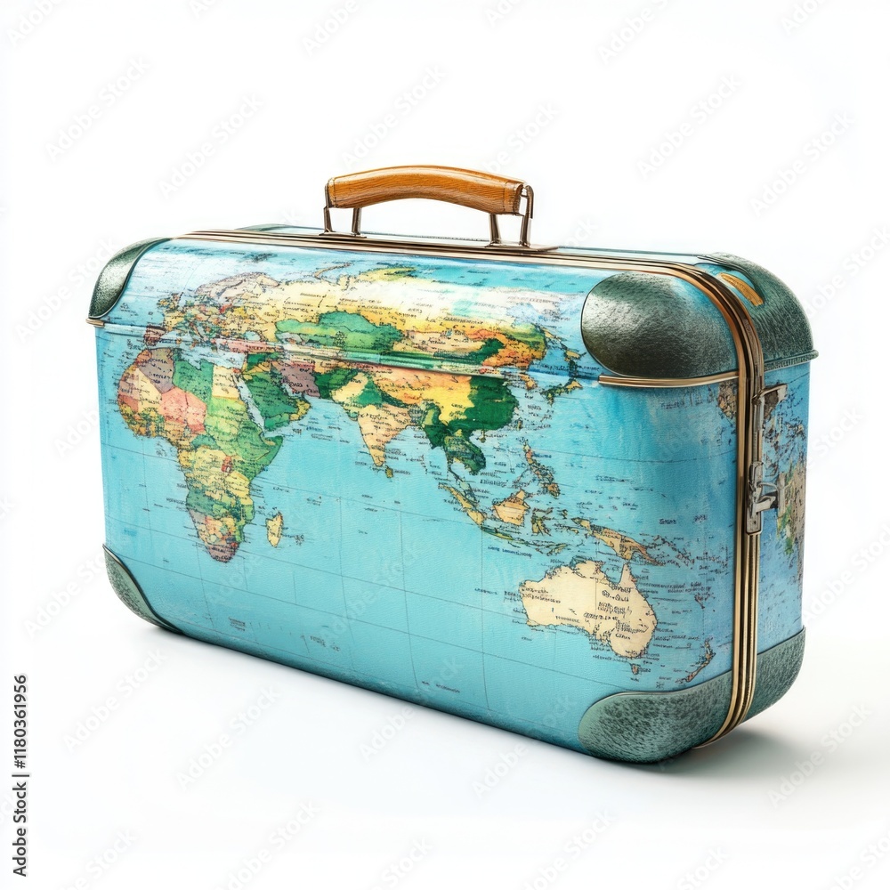 Poster a blue suitcase with a globe-shaped map of the world printed on it