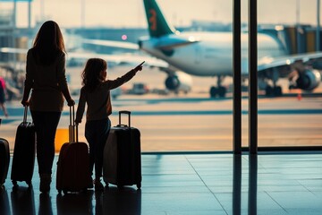 A mother and daughter standing together in an airport, possibly saying goodbye
