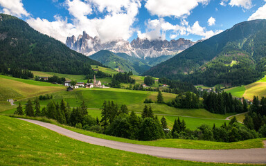 Fototapeta premium Spectacular landscape on Italian Alps Mountain Dolomite at Chiesa di Santa Maddalena Val di Funes