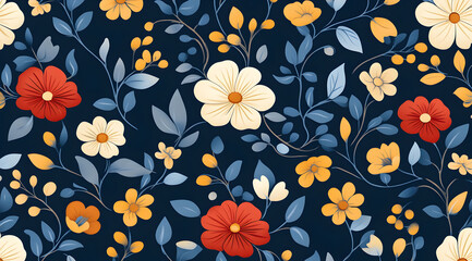 A vibrant floral pattern featuring red, white, and yellow flowers on a dark blue background, creating a cheerful and lively design.