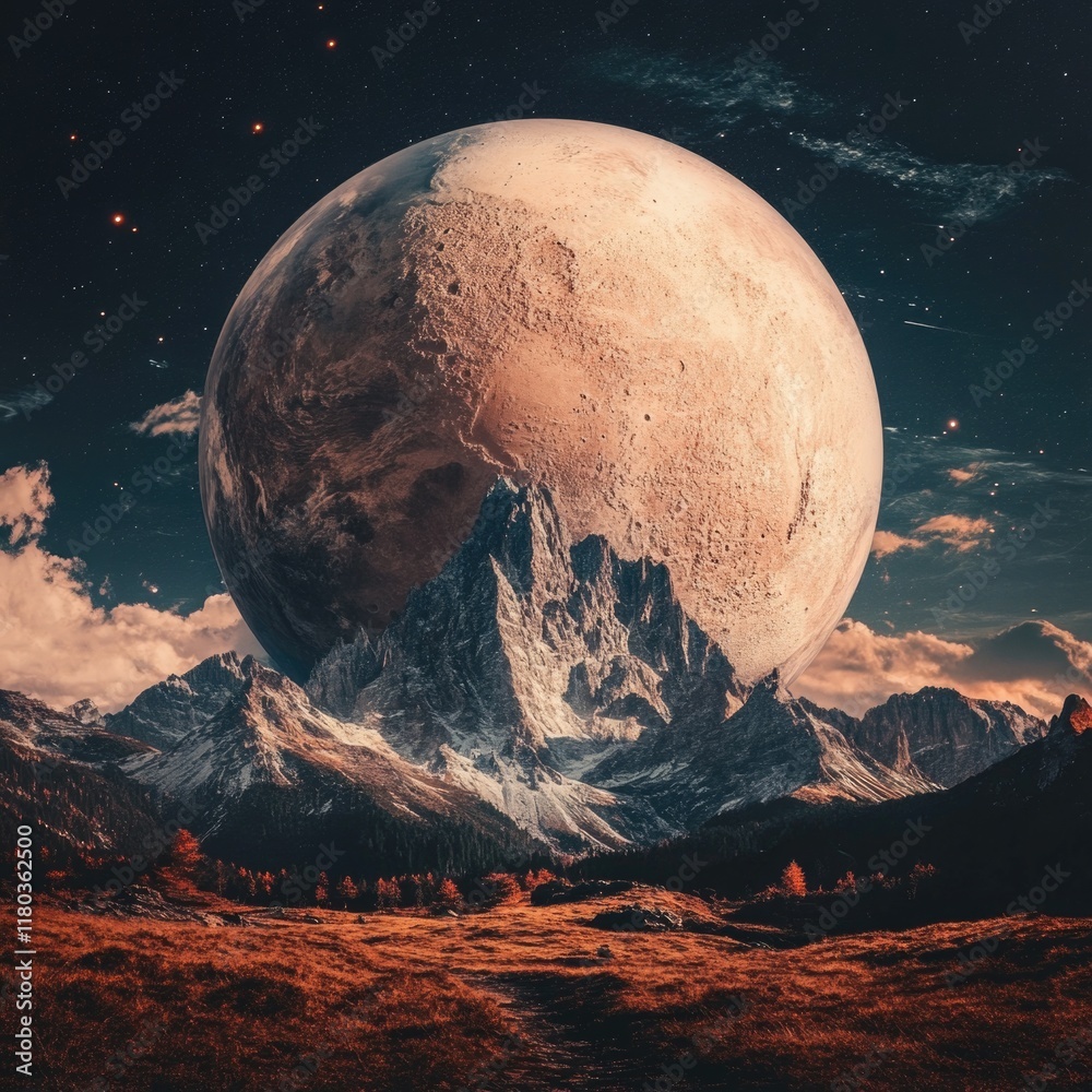 Poster a view of a planet with majestic mountains in the background