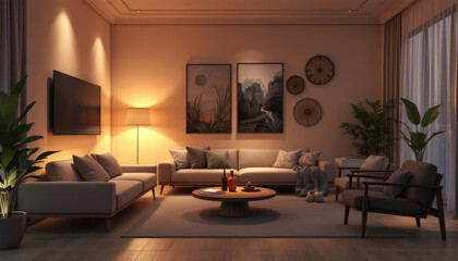 Cozy modern living room night with a large sofa, a coffee table, and various decorative elements such as wall art and potted plants.