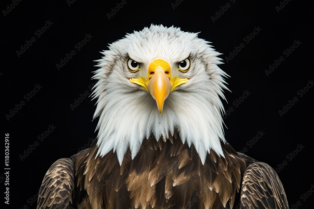 Poster close-up photo of a bald eagle's face on a dark background