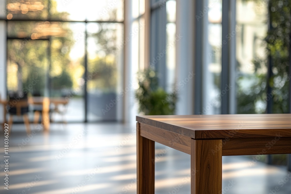 Poster a simple wooden table placed in front of a large glass wall, providing an open and airy space