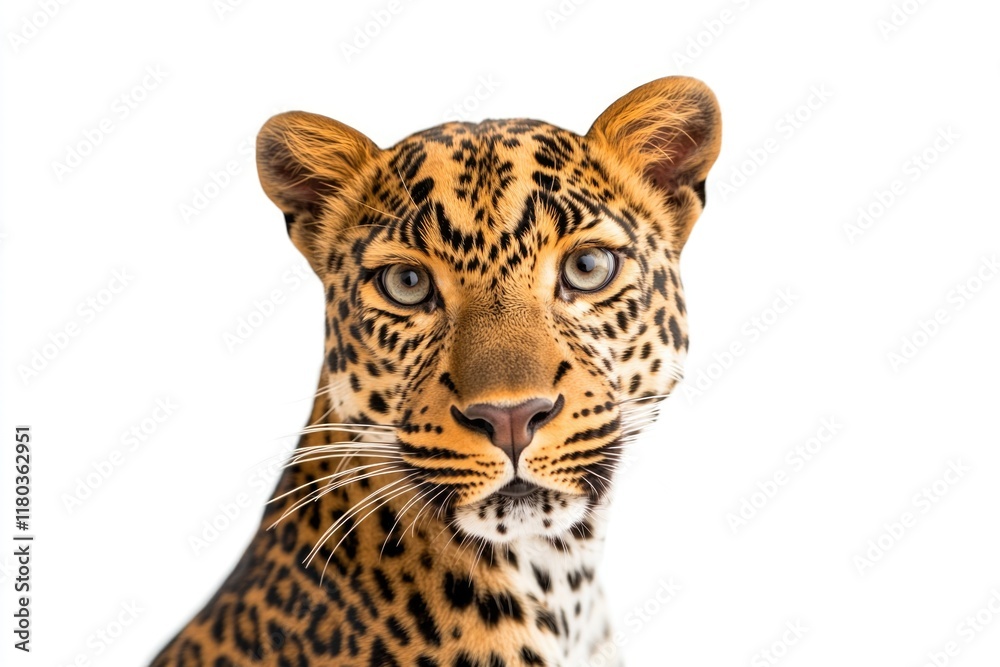 Poster close-up shot of a leopard's face on a white background