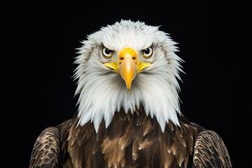 Obraz premium Close-up photo of a bald eagle's face on a dark background