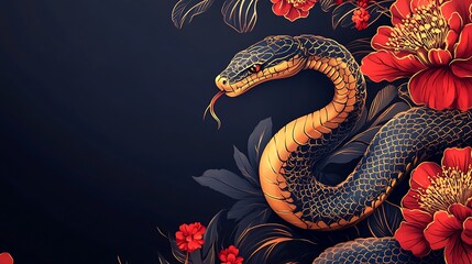 Obraz premium Elegant Black Snake Amidst Crimson Blooms: A Luxurious Art Deco Design