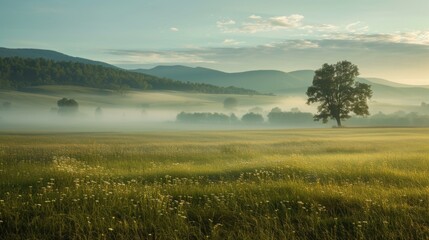 Fototapeta premium Serene morning landscape with mist, lone tree, and rolling hills