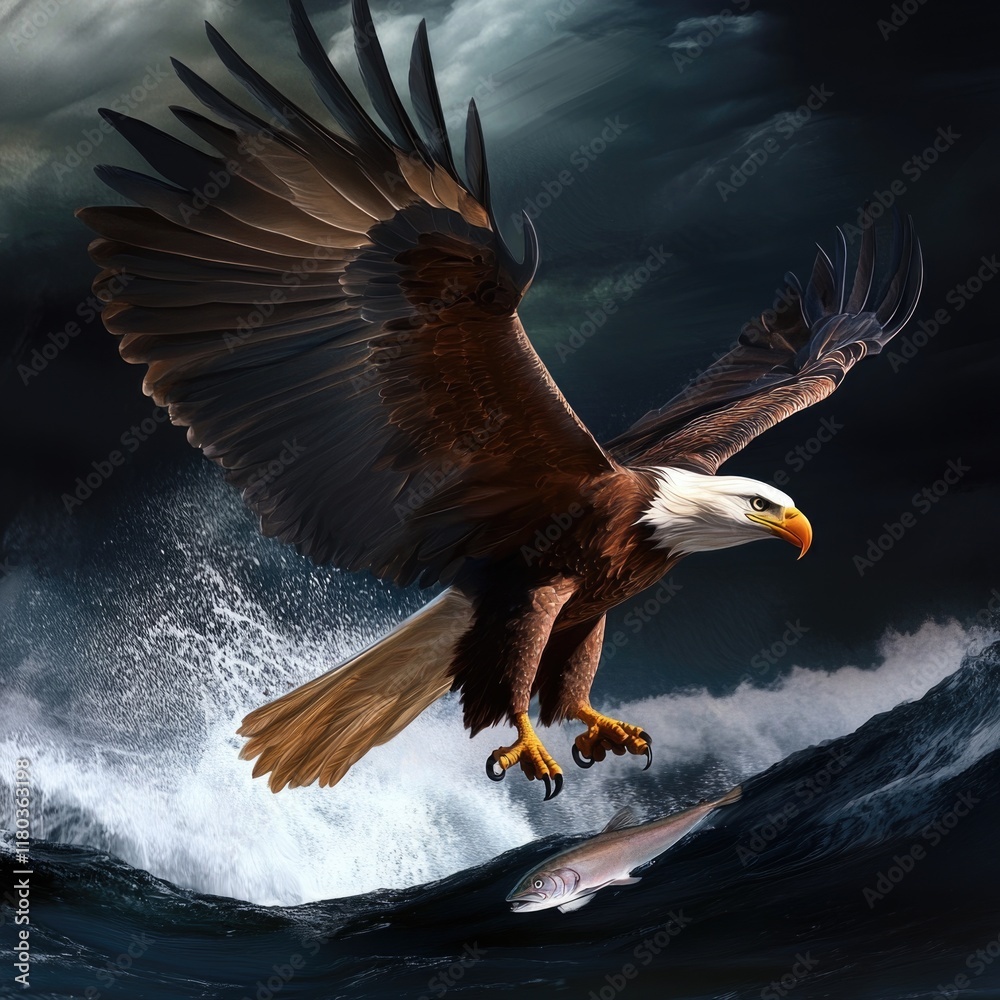 Poster a bald eagle soaring above a wave in the ocean, great for use as a symbol of freedom and power