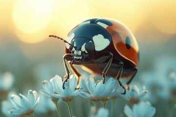A small ladybug perched on top of a pure white flower, great for nature and garden themed projects