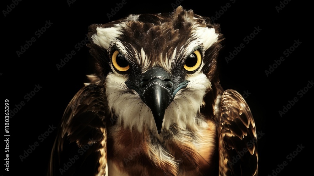 Poster a close-up shot of a bird of prey perched on a dark background