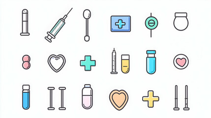 Obraz premium Medical equipment icons set, vector illustration, flat style, healthcare symbols, various medical supplies.