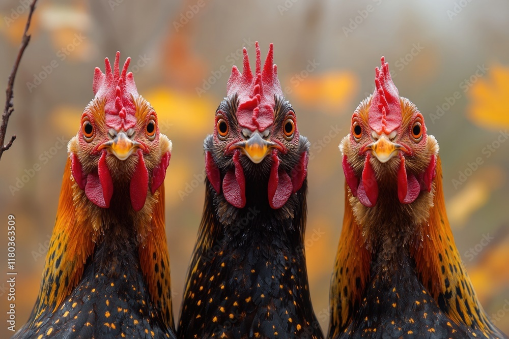 Poster a group of chickens standing side by side in a field