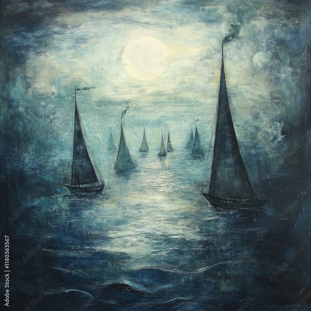 Poster a group of sailboats sailing on the open ocean