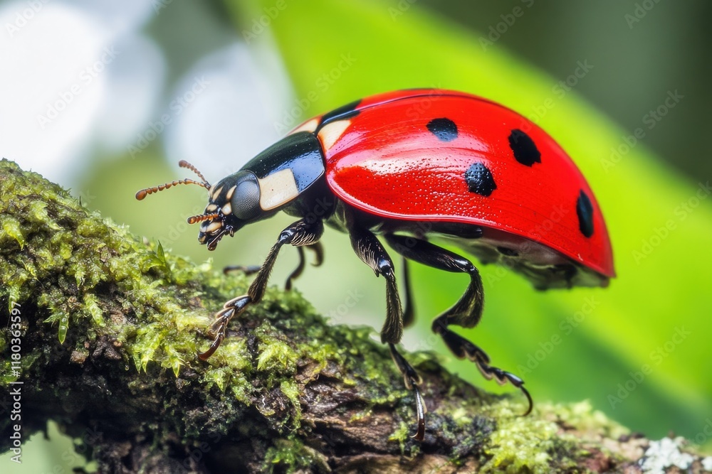 Poster a ladybug sits on the edge of a tree branch, its red and black body visible against the green foliag