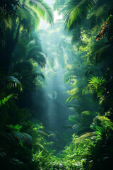 Fototapeta premium Photo réaliste d’une forêt tropicale luxuriante avec brume et feuillage vibrant