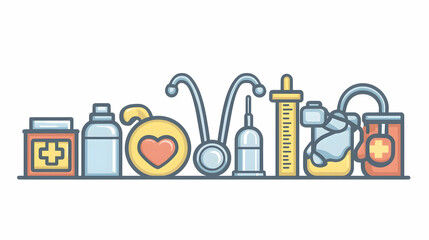 Medical equipment icons in a horizontal row, health care tools collection, flat design, various supplies.