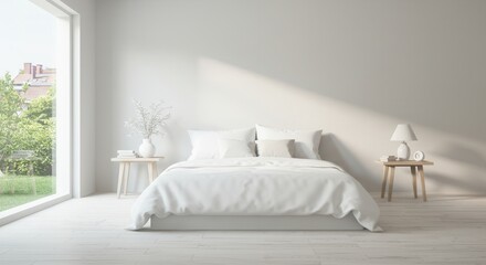 Minimalist bedroom with white decor and large window overlooking garden