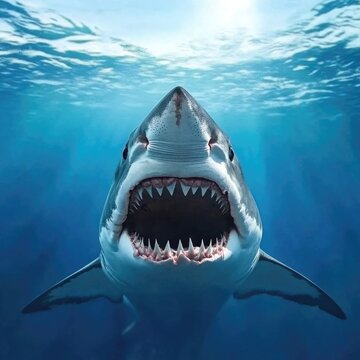 A great white shark opens its mouth in the ocean, ready to feed or defend itself