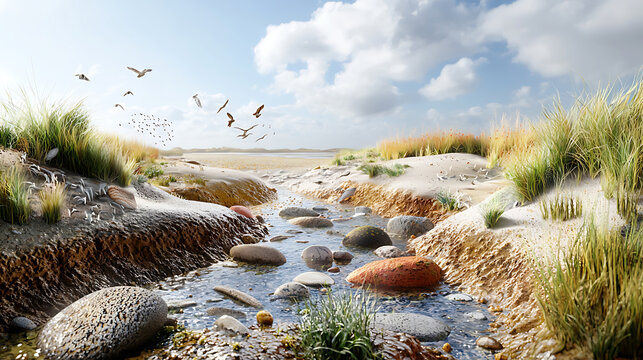 serene estuary scene with brackish water, smooth stones, and lush grass. Birds soar above, creating peaceful atmosphere in nature