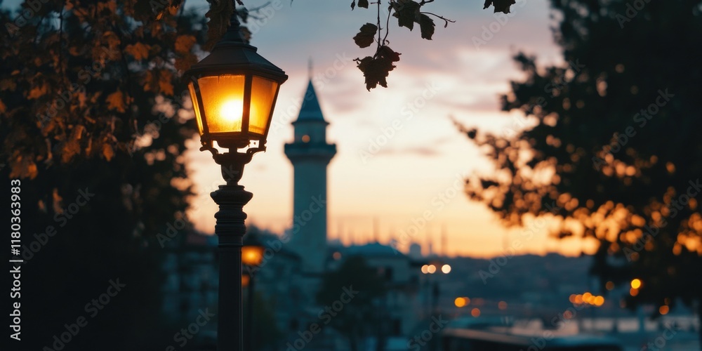 Poster a lamp post with a clock tower in the background, suitable for cityscape or urban landscape images
