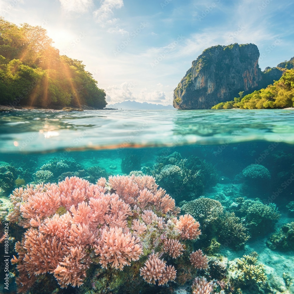 Poster a vibrant coral reef scene with a coral in the foreground and an island in the background, perfect f