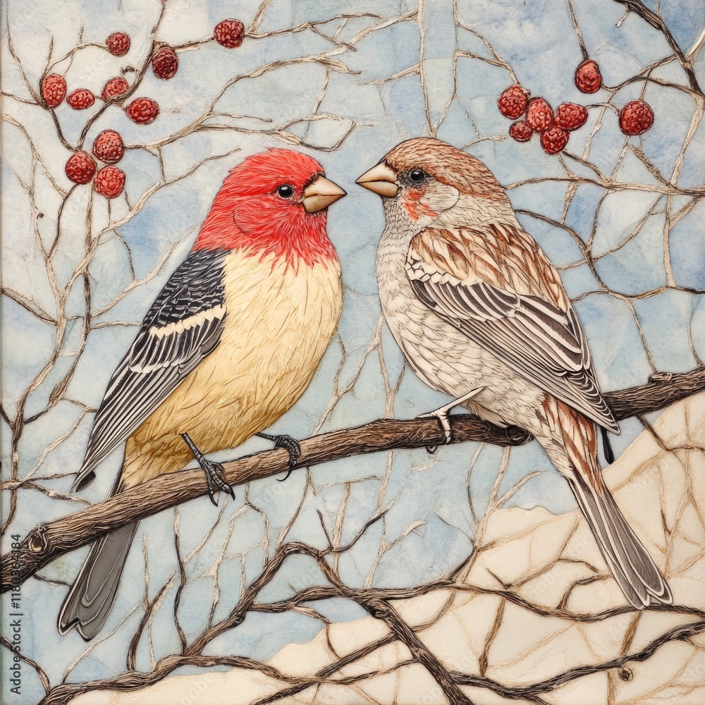 Poster two birds resting on a tree branch, natural setting