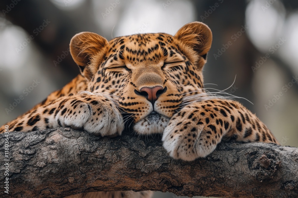 Poster a leopard is relaxing on a tree branch, enjoying the sun