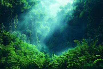 Fototapeta premium Photo réaliste d’une forêt tropicale luxuriante avec brume et feuillage vibrant