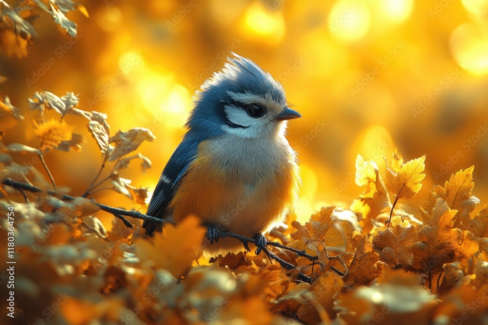 Poster a tiny bird sits atop a tree branch, looking out at its surroundings