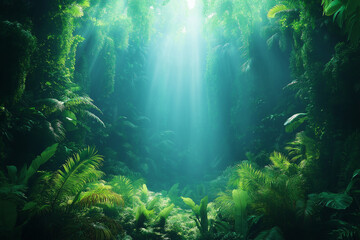 Fototapeta premium Photo réaliste d’une forêt tropicale luxuriante avec brume et feuillage vibrant