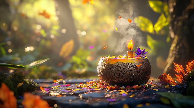 serene Wiccan ceremony scene featuring candle in decorative bowl surrounded by colorful petals and leaves, evoking mystical atmosphere