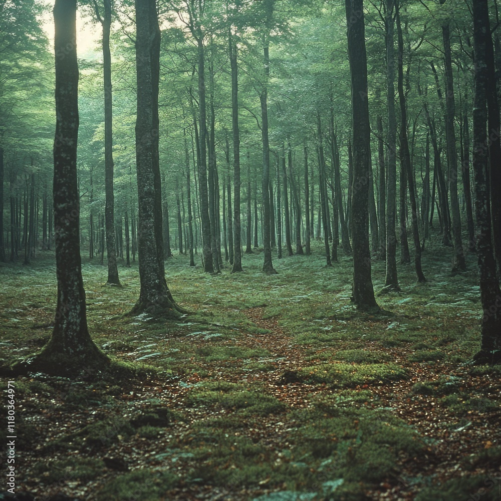Poster a dense forest with numerous green trees