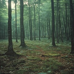 Obraz premium A dense forest with numerous green trees