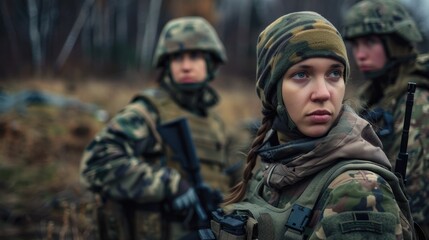 Obraz premium Female soldiers in camouflage gear during outdoor military training exercise