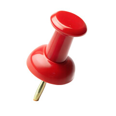 Red push pin standing upright on a white background with a transparent cutout for various design uses