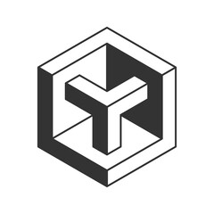 Stylish abstract vector graphic featuring a hexagonal cube with a three-dimensional, Y-shaped inner form. Ideal for modern branding, web design, and tech-related projects.