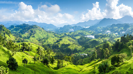 Obraz premium scenic view of rolling green hills under bright blue sky, showcasing lush landscapes and distant mountains