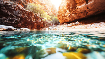serene canyon with clear water reflecting sunlight and lush greenery. tranquil scene invites relaxation and exploration