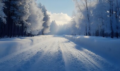 Obraz premium Winter Forest Road with a Layer of Fresh Snow and Frosted Trees in the Distance