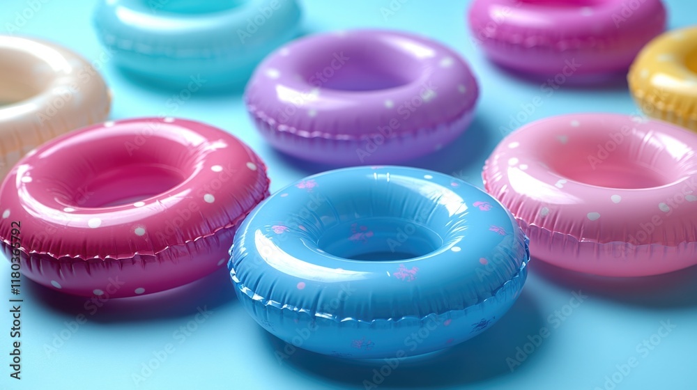 Poster group of colorful inflatable pool rings floating on a bright blue surface