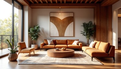 Modern art deco interior japandi living room with a large window, wooden floor, and a brown sofa, coffee table, and two potted plants.