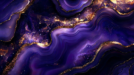 Deep purple agate stone texture with shimmering gold glitter accents, realistic geological...