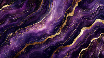 Deep purple agate stone texture with shimmering gold glitter accents, realistic geological...