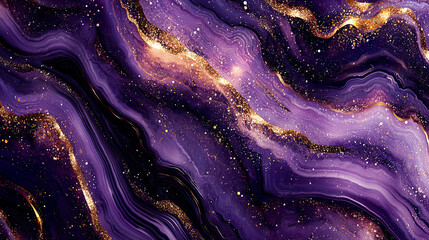 Deep purple agate stone texture with shimmering gold glitter accents, realistic geological...