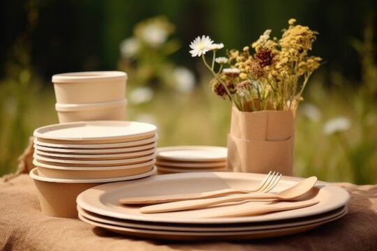 Eco-friendly disposable tableware set with wooden cutlery and wildflowers in outdoor setting